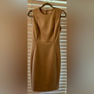 Versatile sleeveless dress that is a unique beige/gold color.